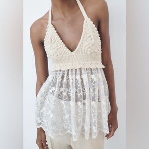 Zara Cream Crochet Halter Lace Babydoll Top
